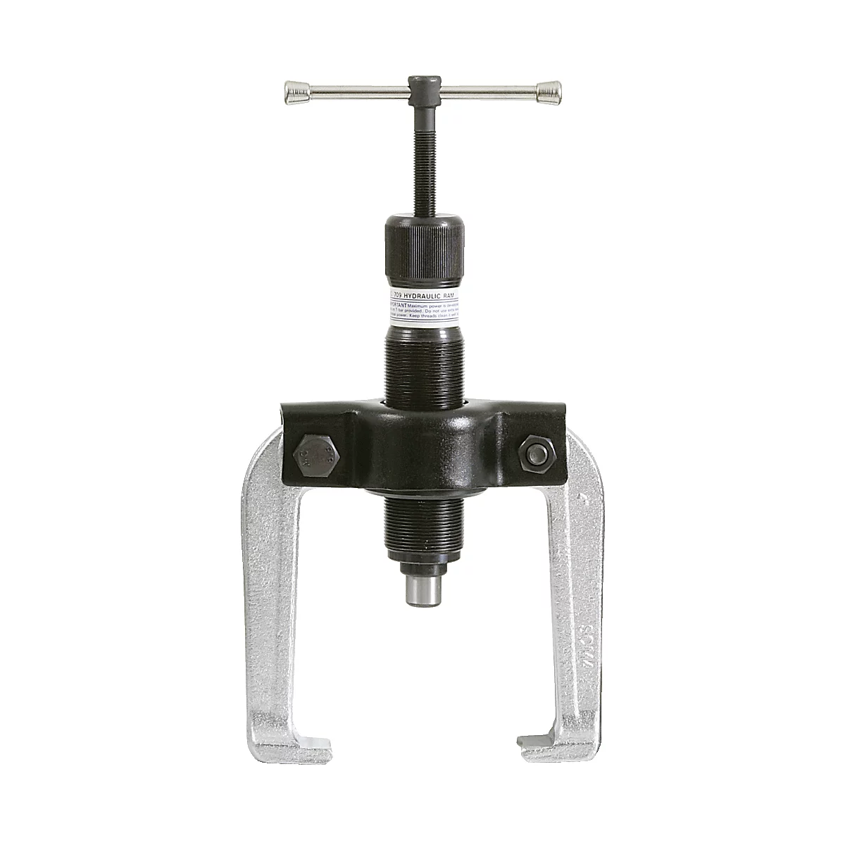 Abzieher für mechanische Teile. Silberne Arme, schwarzer Zylinder mit Griff.